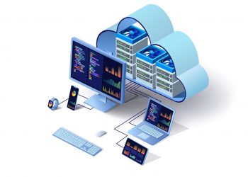 Cloud technology computing concept. Data centre concept. Modern cloud technologies. Vector 3d isometric illustration network with computer, laptop, tablet, and smartphone. For web design, presentation