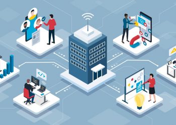 Professional business people connecting together and working remotely for an IT company, isometric infographic
