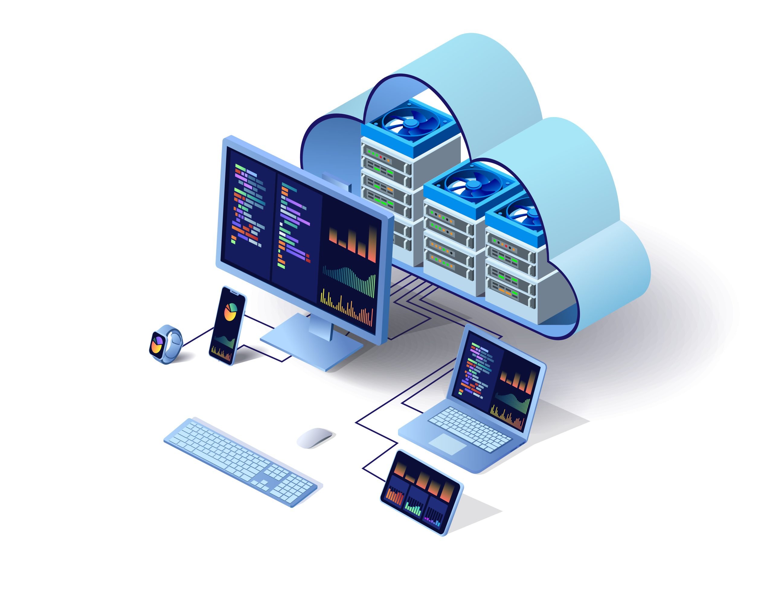 Cloud technology computing concept. Data centre concept. Modern cloud technologies. Vector 3d isometric illustration network with computer, laptop, tablet, and smartphone. For web design, presentation