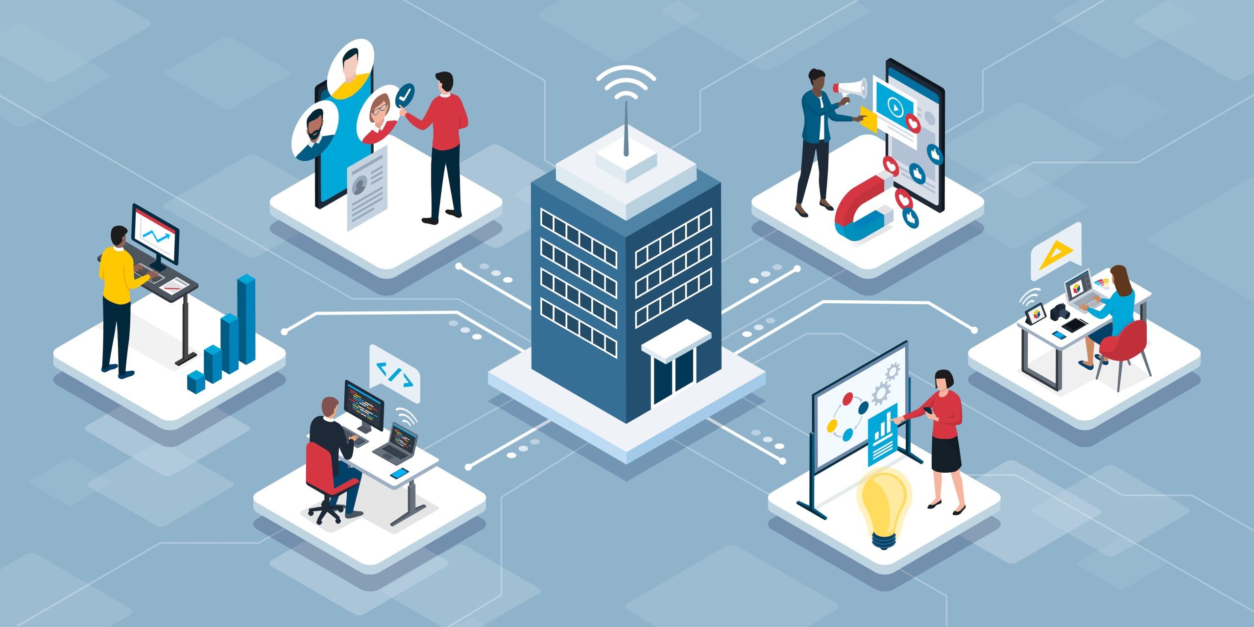 Professional business people connecting together and working remotely for an IT company, isometric infographic